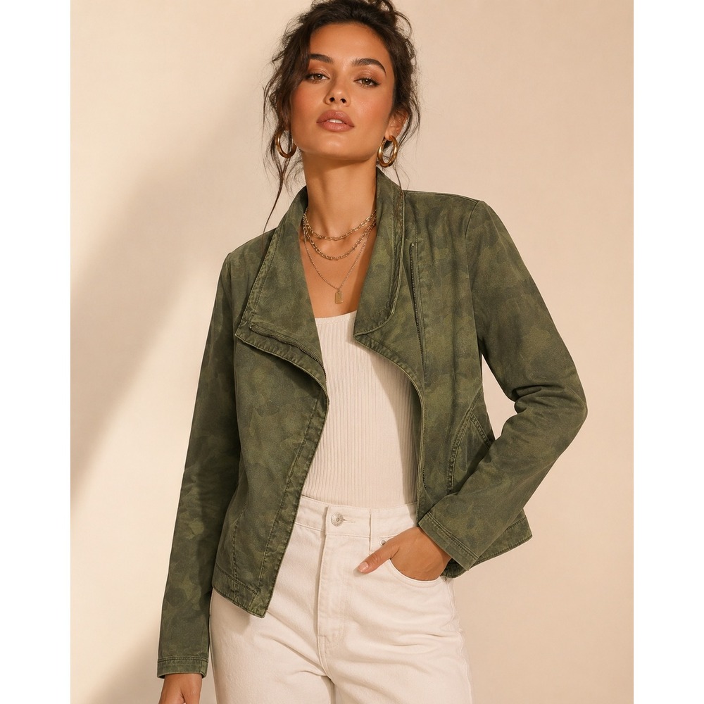 Marrakech Camo Moto Jacket Olive Green Cotton Blend Asymmetric Zip Womens Large